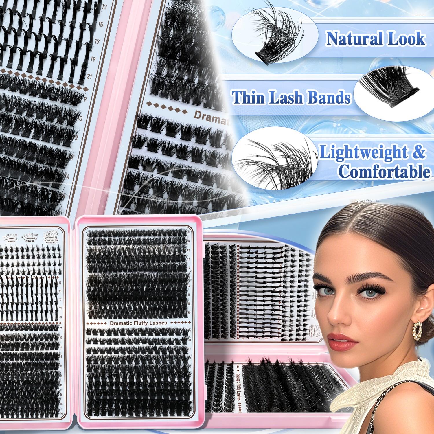 Queenice Lash Clusters Kit, Eyelash Extensions Set, 80D 100D 120D Spikes, D Curvature, Lash Bond, Eyelash Glue Tweezers, Brush, DIY at Home
