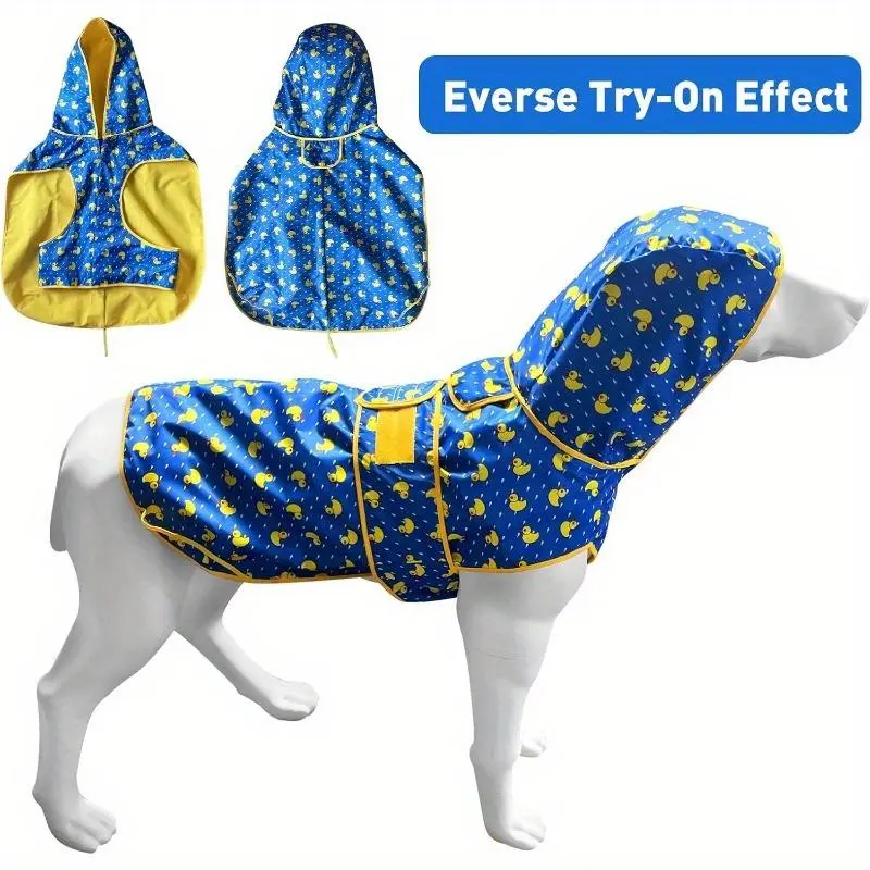 Reversible High Quality Dog Raincoat - Adjustable Reflective Windproof Jacket with Hood & Leash Hole, Double-Sided Blue Duck & Yellow Design, Snowproof Poncho for Small Dogs (S-XL), Dog Raincoat High Quality, Durable Polyester Coat