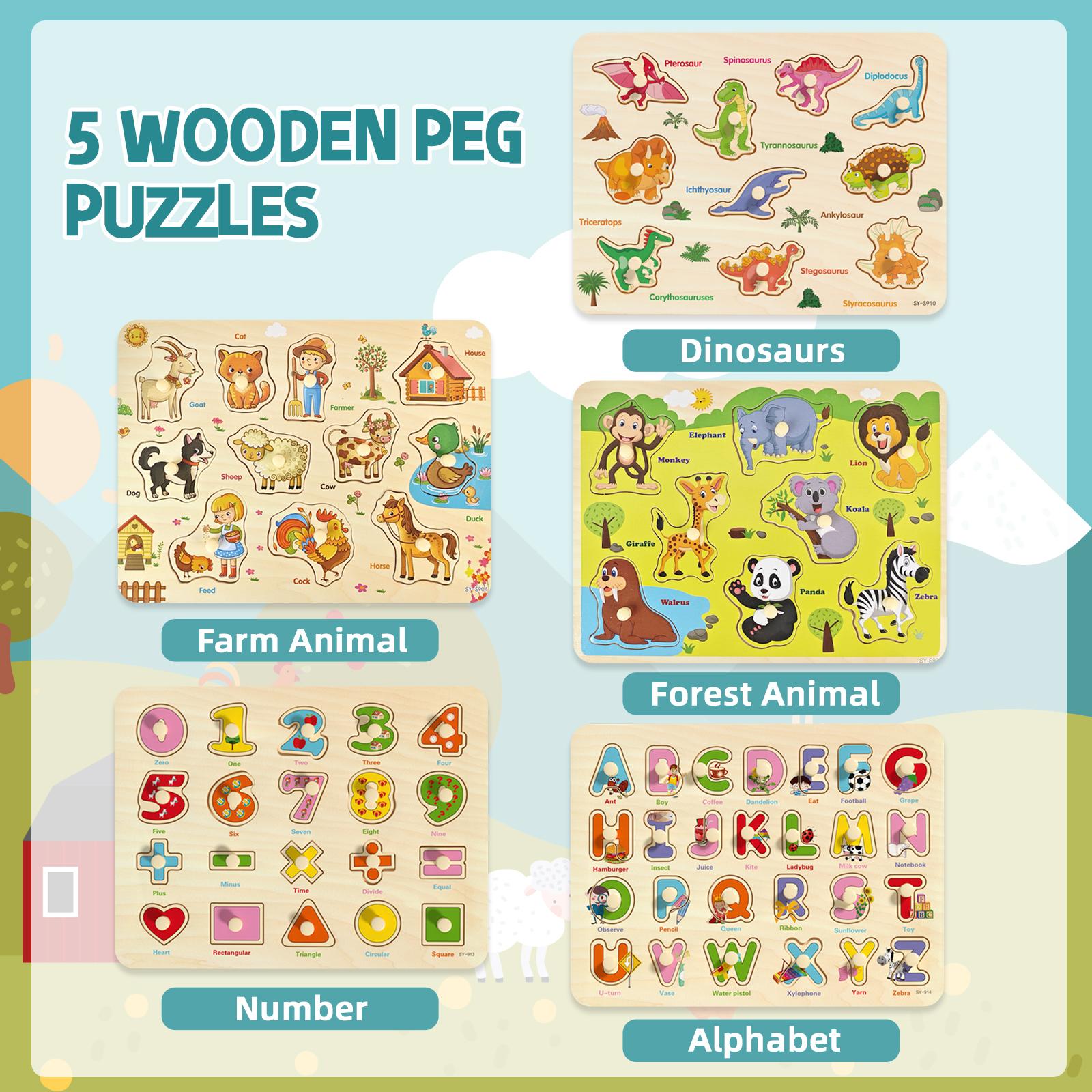 edutree 5pcs Wooden Peg Puzzles for Toddlers 1 2 3 4, 6 Pack Educational Peg Puzzles Montessori Toys, Learning Puzzles for Kids Girs Boys with Alphabet Number Animal Vehicle Shape, Halloween gift