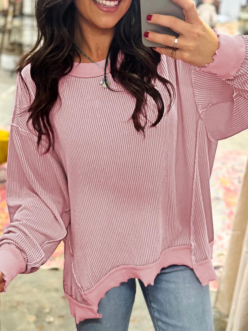 Spring & Fall Casual Women's Solid Color Twisted Ribbed Asymmetrical Hem Loose Drop Shoulder Long Sleeve Knit Top