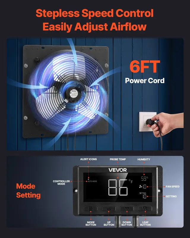 【toolupgrade】14 inch Shutter Exhaust Fan, Wall Mounted Attic Vent Fan with Smart Programming Variable Speed Temperature Control, 2000 CFM, EC Motor, Timer, for Shed, Garage, Greenhouse Ventilation Cooling, Black