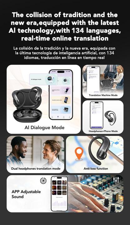 MINISO MS188 Translatable Smart Headphones, LCD Wireless Bluetooth Earphones With 134 Languages,OWS Open Ear Headsets with Mic Charging Box Earbuds Christmas gifts