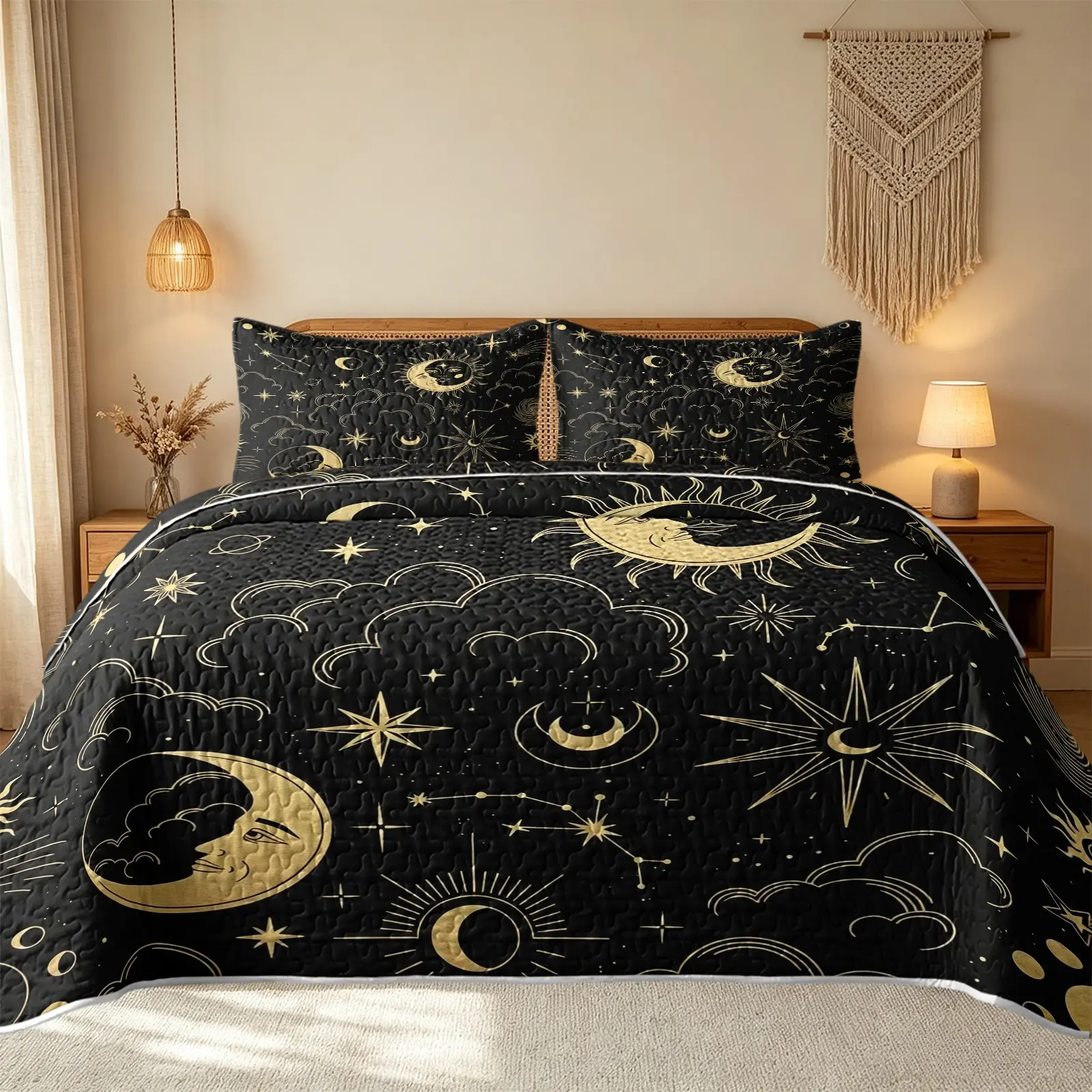 3Pcs Black Gold Sun Moon Star Astrology Quilt Set, Bedspread Set Includes 1 Quilt and 2 Pillowcases Black Background With Golden Sun Moon Constellation Star Line Patterns Vintage Celestial Style Reversible Lightweight Bedding No Inner Filling All Season