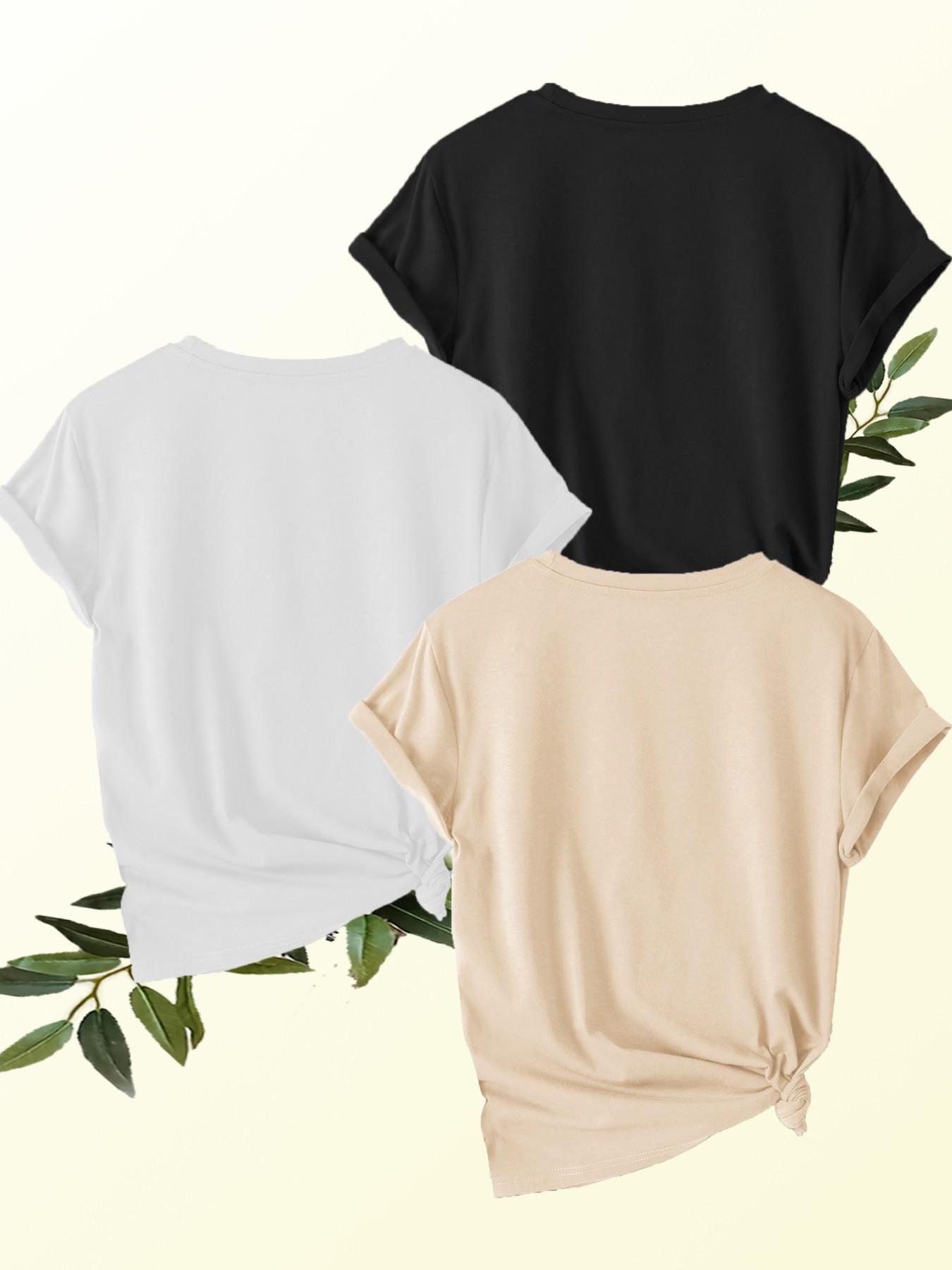 Women's 3-Pack Heart Print Round Neck Short Sleeve Tops, Soft Breathable Fabric, Casual Elegant T-Shirts for Spring Summer, Comfortable Fit, Fashion Essential