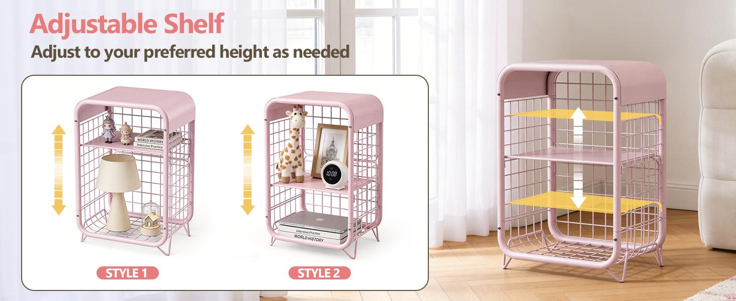 Cute Nightstand, Metal End Table, Side Table with Storage, 3-Tier Narrow End Table for Girls, Small Beside Table for Bedroom, Living Room, Office, Decor, Pink
