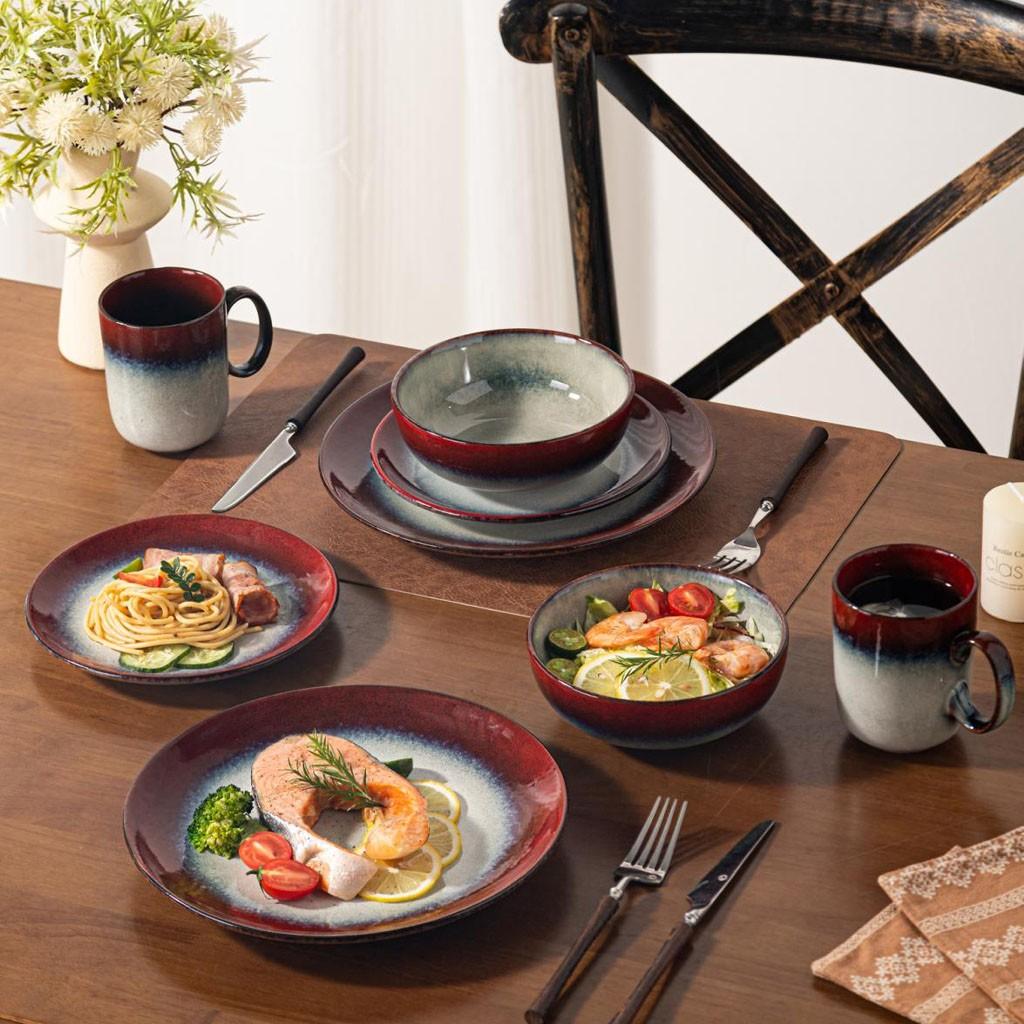 4/8-piece ceramic dinnerware set, Western style, suitable for 1-2 people, kiln-fired ceramic, ink-red, includes steak plate, salad bowl, cup, microwave-safe, machine-washable