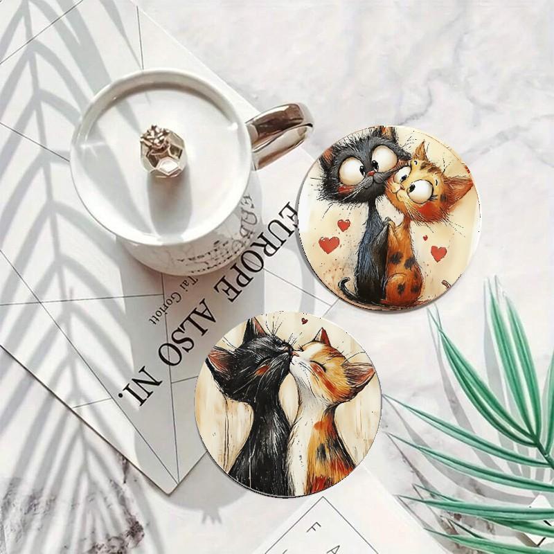 ☕ Cute Cat Wood Coasters Set of 6 - Aesthetic Couple Design for Coffee Lovers - Heat Insulation Pad for Kitchen Counter Tea Party - Rustic Home Decor Accessories