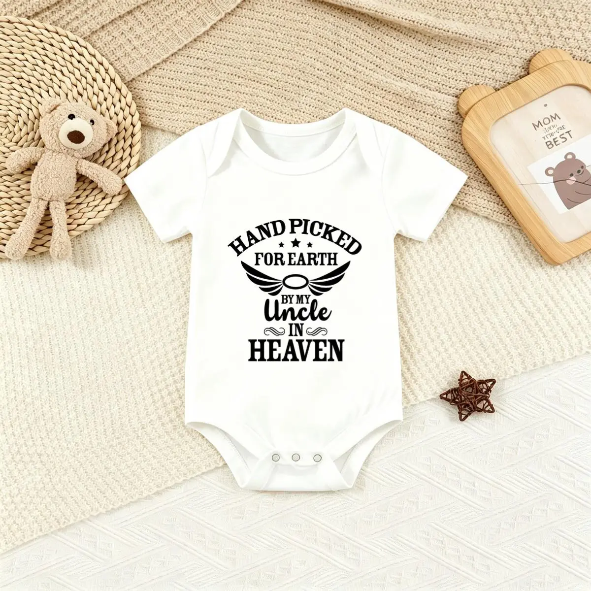 Boys' Cotton Short Sleeve Romper Onesie - Envelope Neck, Skin-Friendly, Roomy Legs, Snap Closure, Hand-Picked By My Uncle In Heaven, Soft Cotton