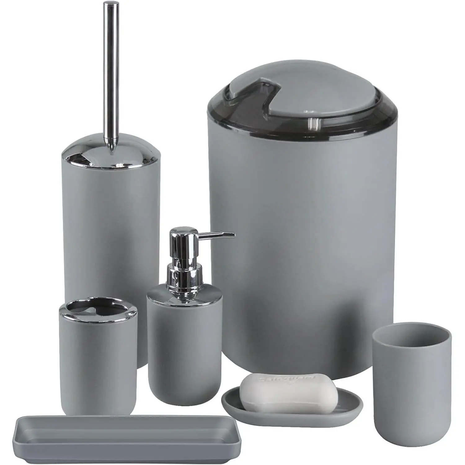 Bathroom Accessories Set,Grey Bathroom Set,7 Pieces Bathroom Accessory Set,Tray,Toilet Brush,Trash Can for Bathroom Décor and Housewarming Gifts