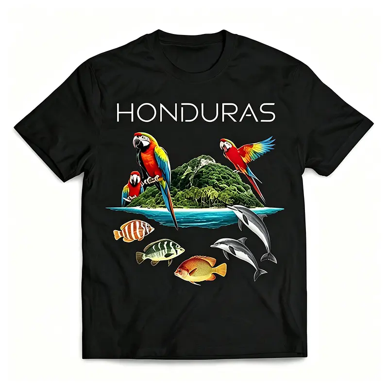 Honduras Casual Oversized Streetwear-Style T-Shirt, Macaw Parrot & Dolphin Graphic Top, Vacation Beach Souvenir Tee