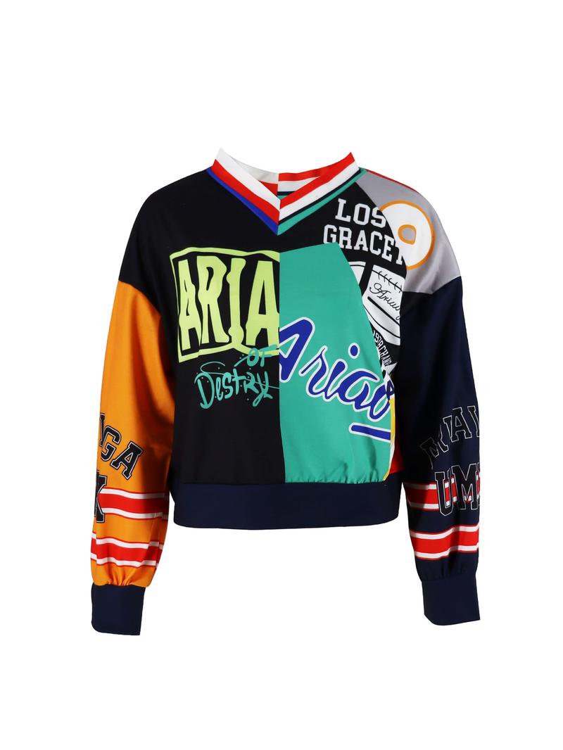 Women's Colorblock Letter Print Drop Shoulder Pullover, Fashion Casual V Neck Long Sleeve Sweatshirt for Daily Outdoor Wear, Women Fall & Winter Clothes