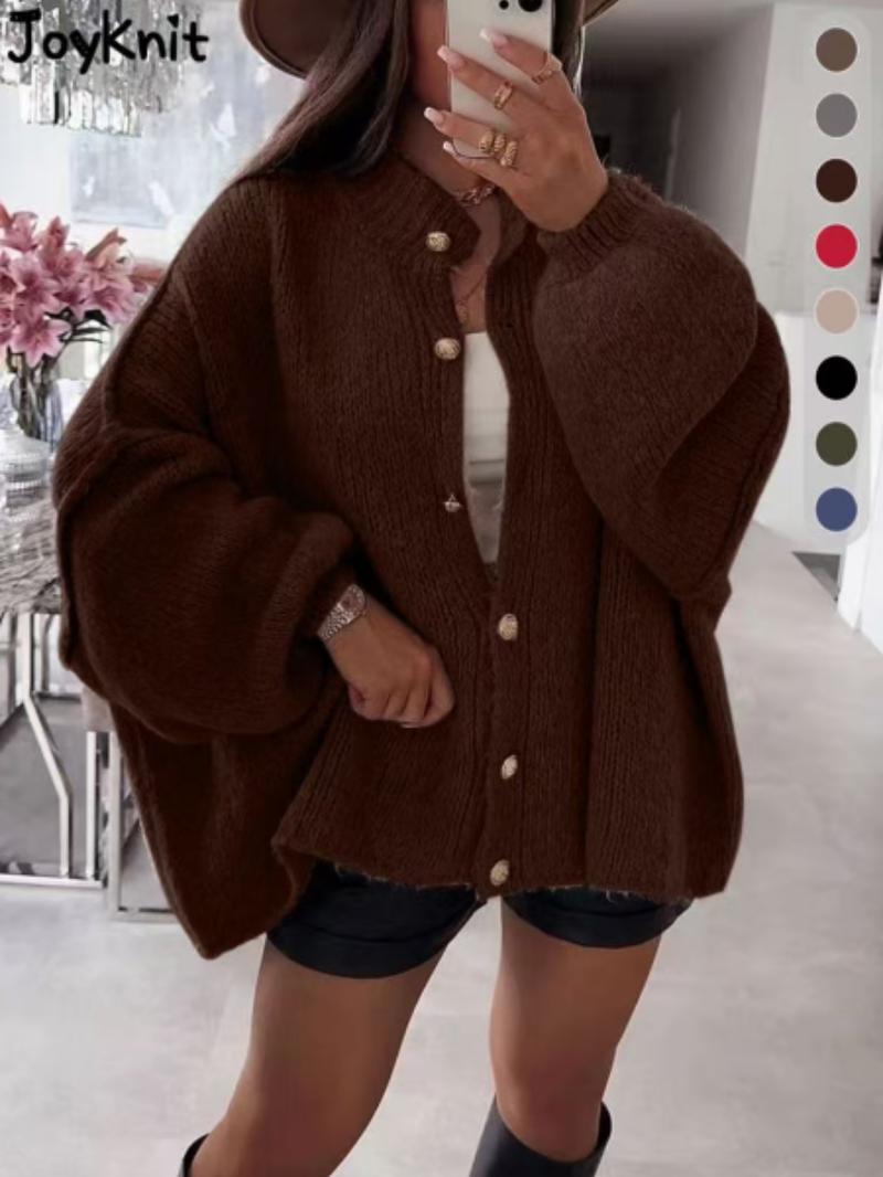 Women's Oversized Knit Cardigan Sweater, Casual Loose-Fitting Round Neck Long Sleeve Drop Shoulder Design, Fall Winter Fashion, Knitted Cardigan Tops