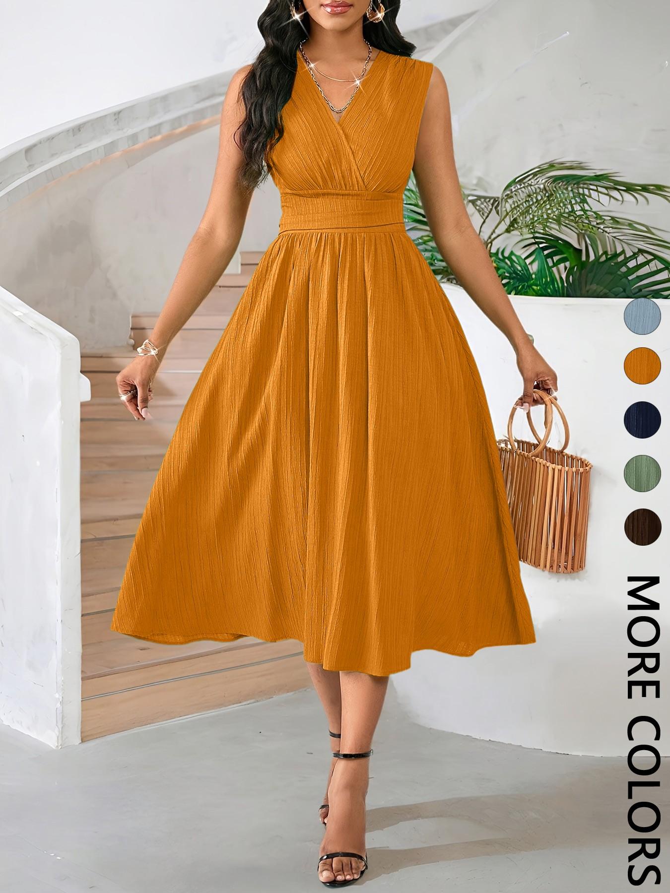 Women's Comfortable Minimalist Sleeveless Textured Ruched Dress for Office Wear & Summer Events