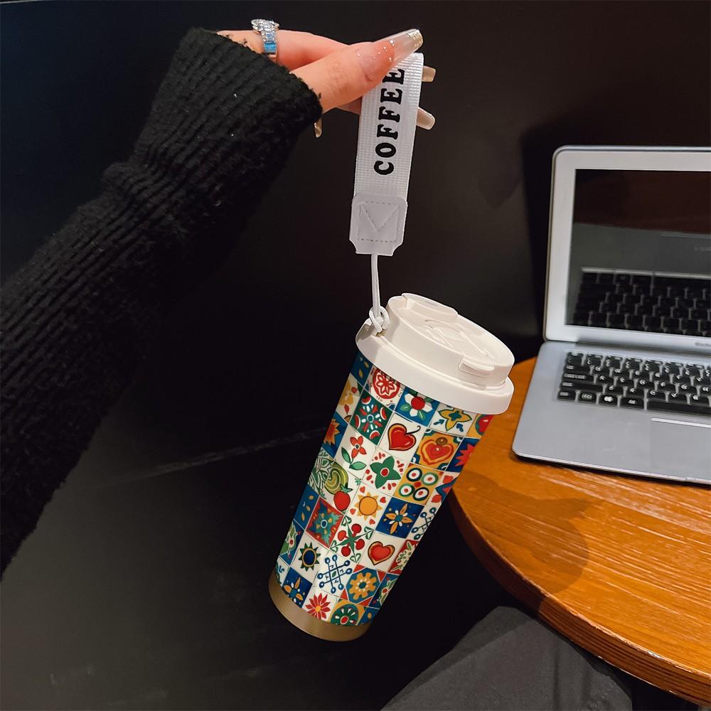 Abstract Grid Pattern Coffee Cup, Portable Dual Drink Insulated Tumbler, Keeps Hot/cold, Stylish, Ideal for Office, Travel, Sports, Golf