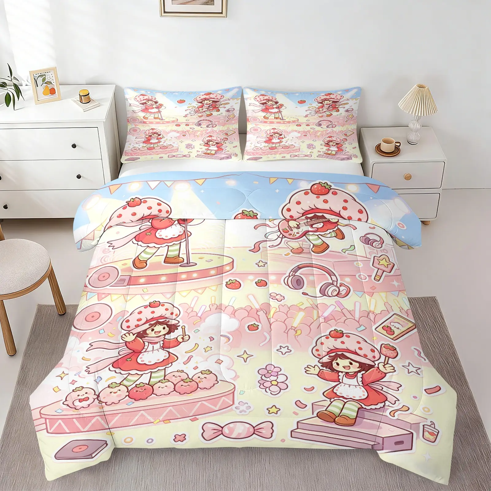 Macaron Pastel Pink Blue Cute Cartoon Girl with Strawberry Hat Pattern Quilted Comforter Set, Include 1 Quilt Core and 1/2 Pillowcases, Candy Cake Book Headphone Amusement Park Illustration Design Bedroom Washable Duvet, Medium Thickness, Soft Comfortable