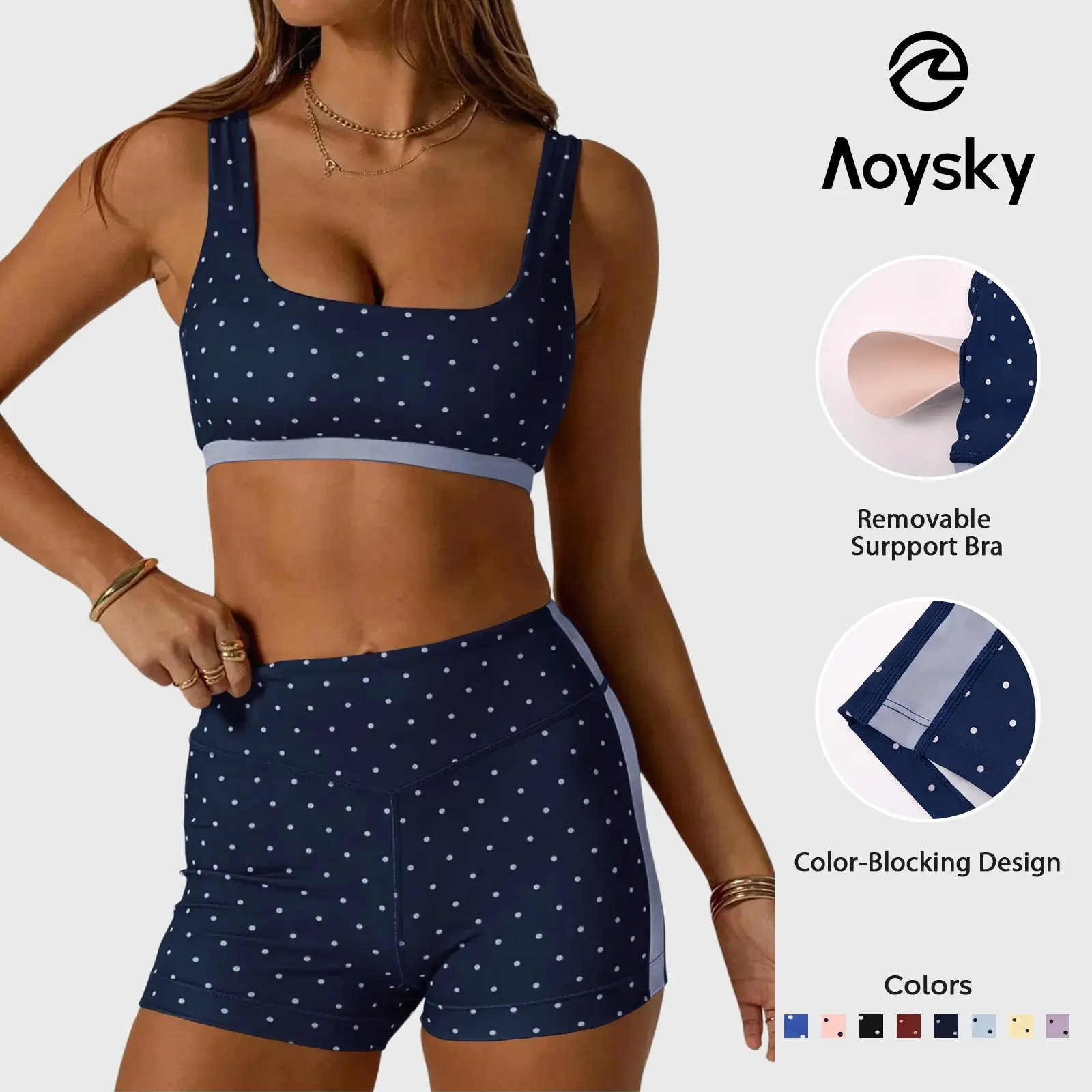 Aoysky Women's Polka Dot 2-Piece Yoga Set - Square Neck Sports Bra, High Waist Biker Shorts, Loose-Fitting Athleisure Activewear Matching Set for Gym, Athletic Use (Do Not Dry Clean), Athleisure Workout Set, Activewear Shorts Sets