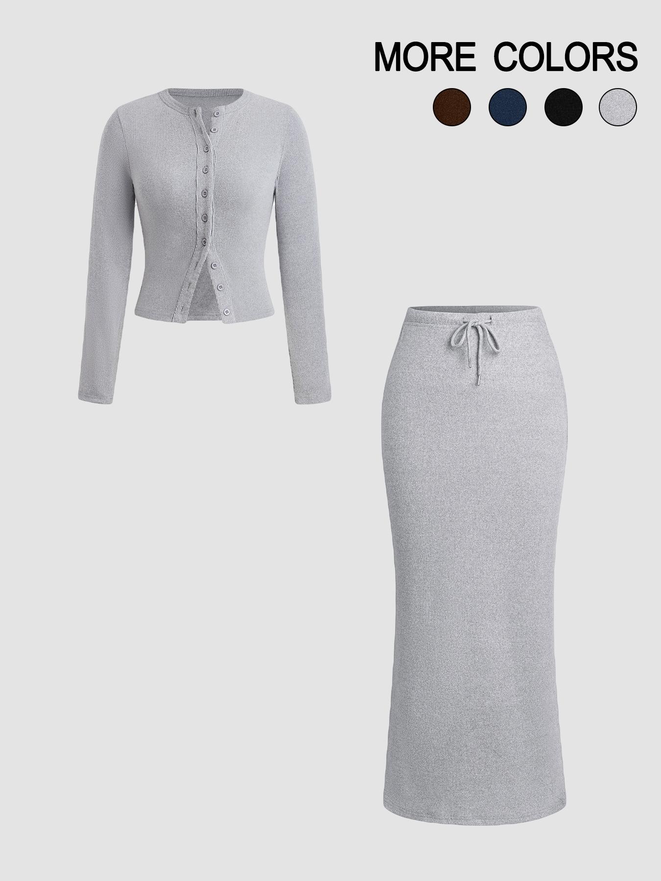 Women's Slim-Fit Long Sleeve Knitted T-Shirt Set, Elegant A-Line Skirt, Spring & Fall Fashion, Basic Style, Moderate Fabric