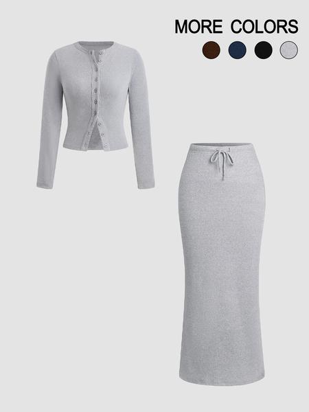 Women's Slim-Fit Long Sleeve Knitted T-Shirt Set, Elegant A-Line Skirt, Spring & Fall Fashion, Basic Style, Moderate Fabric
