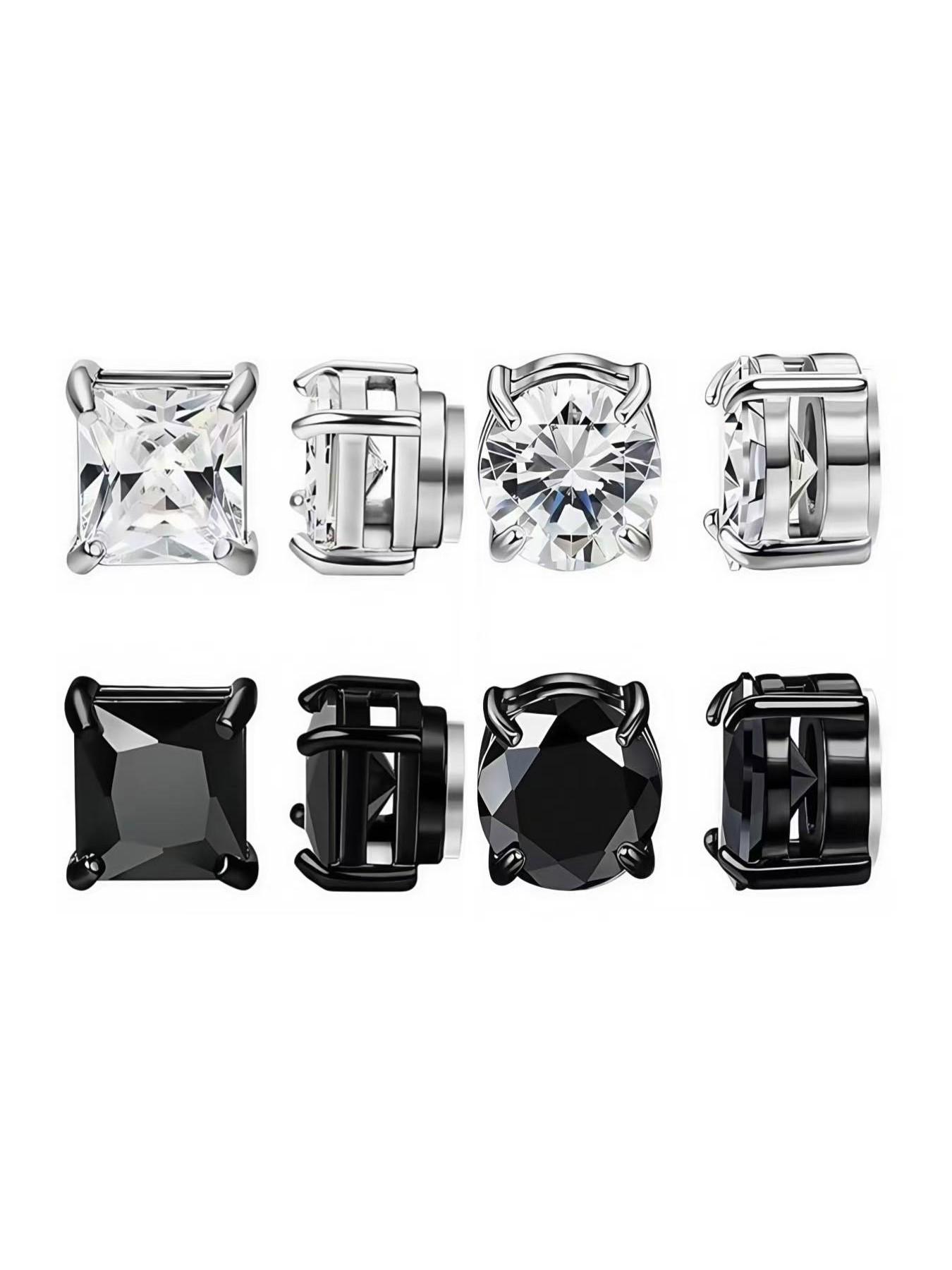 4pcs Simple Stainless Steel Cubic Zirconia Ear Clips, Sparkling Zirconia Magnetic Design Unisex Jewelry Set, Perfect Gift for All Seasons