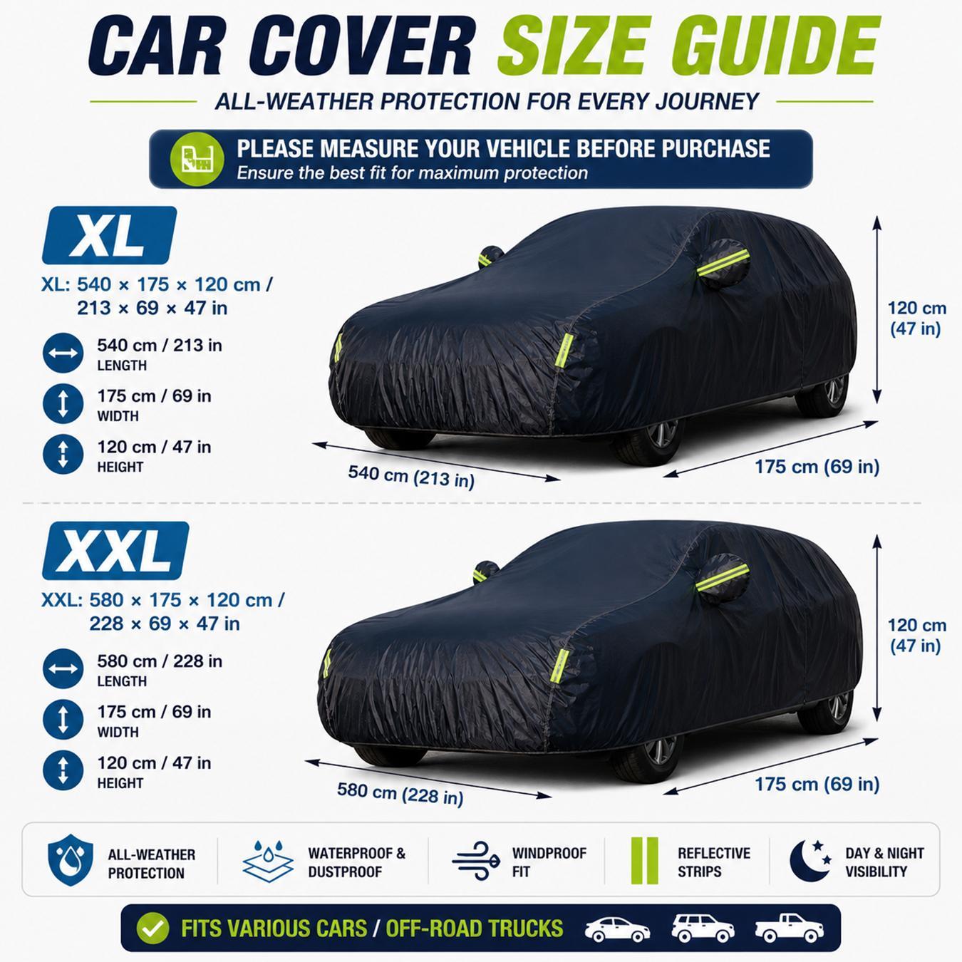 Weatherproof Car Cover with Reflective strip,Outdoor Full Coverage Heavy duty Thick Fabric (190t), Outdoor All Weather Windproof Scratch-Resistant,Heat-Resistant,Fits Various Cars,Dustproof UV protection car cover, Long-Term Outdoor Parking