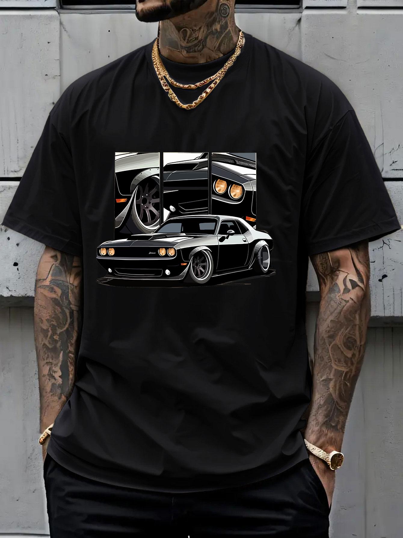Men's Round Neck Short Sleeve T-Shirt, Summer Vintage Dodge Challenger Muscle Car Print, American Streetwear Loose Fit Top