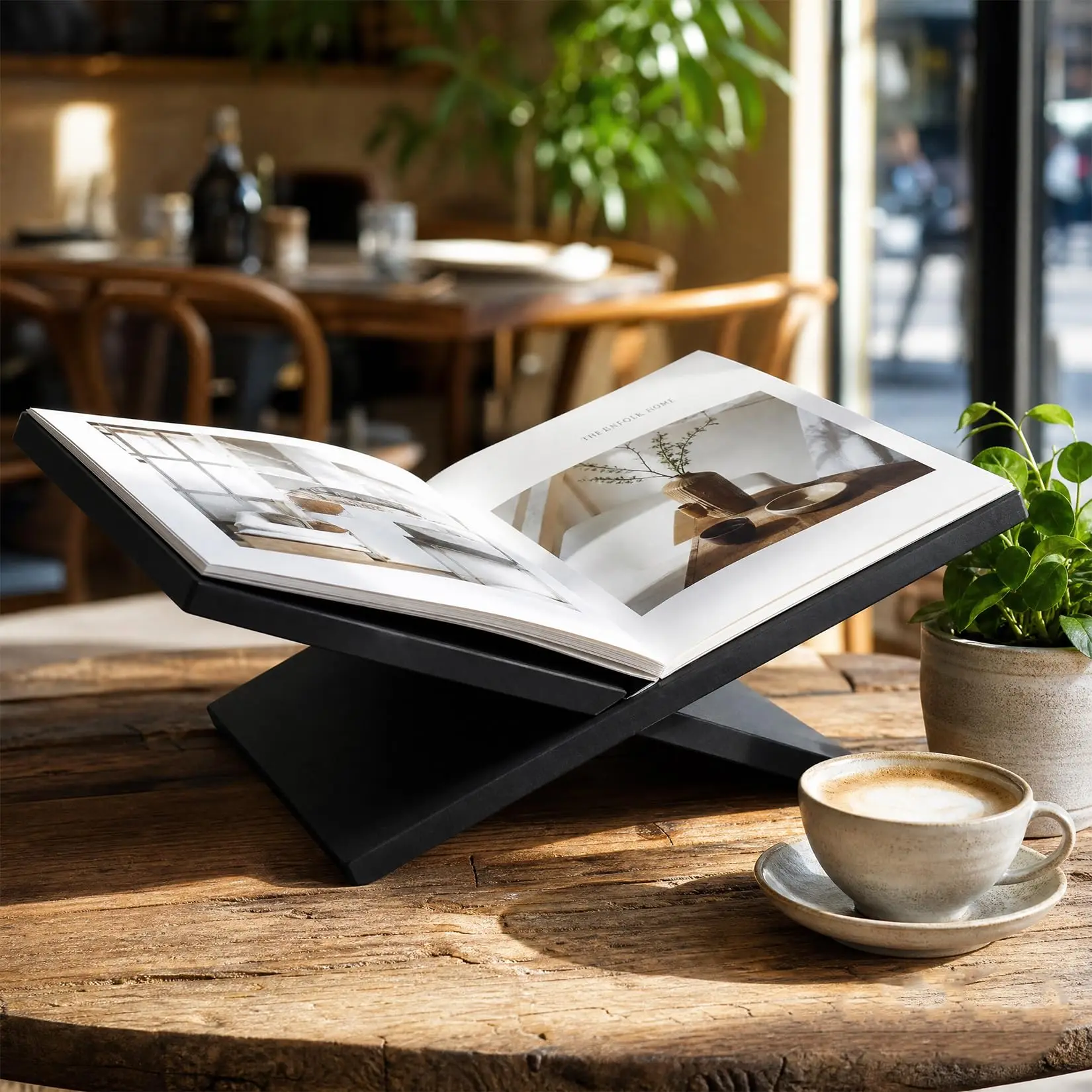 GAOMON Minimalist Foldable Wooden Book Stand in Matte Black or Brown with Adjustable Angle for Hands-Free Reading of Books, Cookbooks, Textbooks, Magazines, and Tablets on Desk