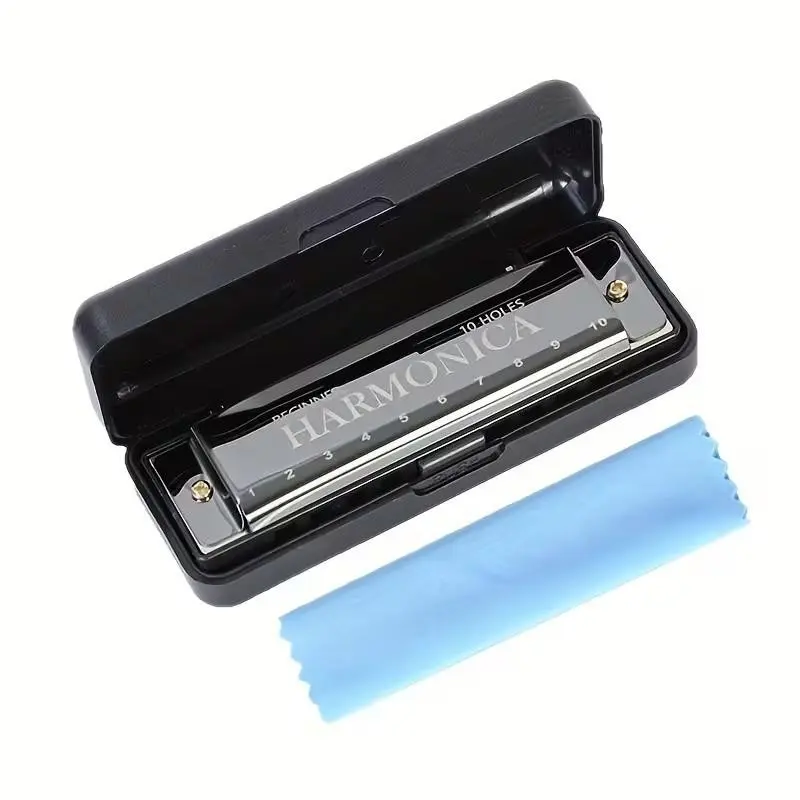 Beginner Harmonica 10-Hole C Key, Professional Blues Harmonica with Case, Cleaning Cloth, Manual, Ideal for Beginners & Professionals