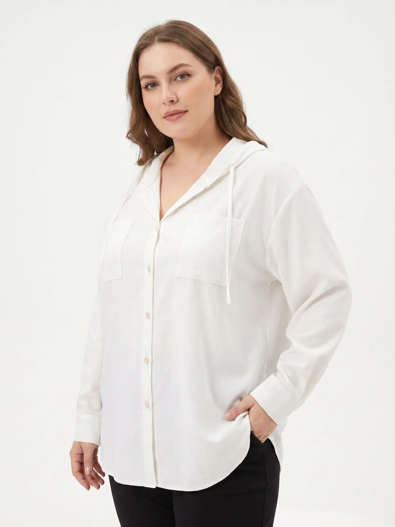 Women's Plus Size Loose Fit Hooded Button Long Shirt, Dual Pockets Long Sleeve Top, Soft Breathable Conceal Fat Silhouette, Fall Casual Wear 1xl-3xl