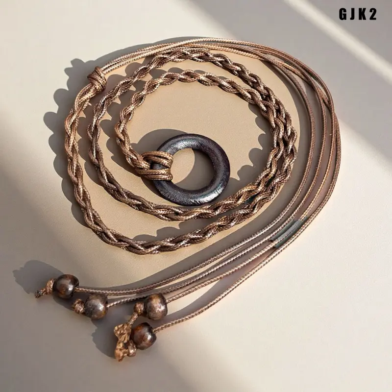 Boho Braided Rope Waist Belt, Multi-layer Woven Cord Waistband with Wooden Ring Buckle and Beads, Adjustable Hippie Style Waist Chain for Dresses, Vintage Fashion Accessory for Daily Outfit