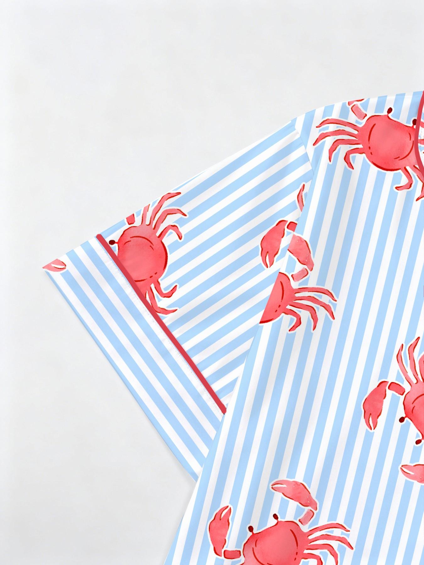 Women's 2-Piece Crab Print Pajama Set, Short-Sleeve Button-Up Top & Elastic Shorts, Casual All-Season Sleepwear, Homewear and Loungewear Set for Home and Party