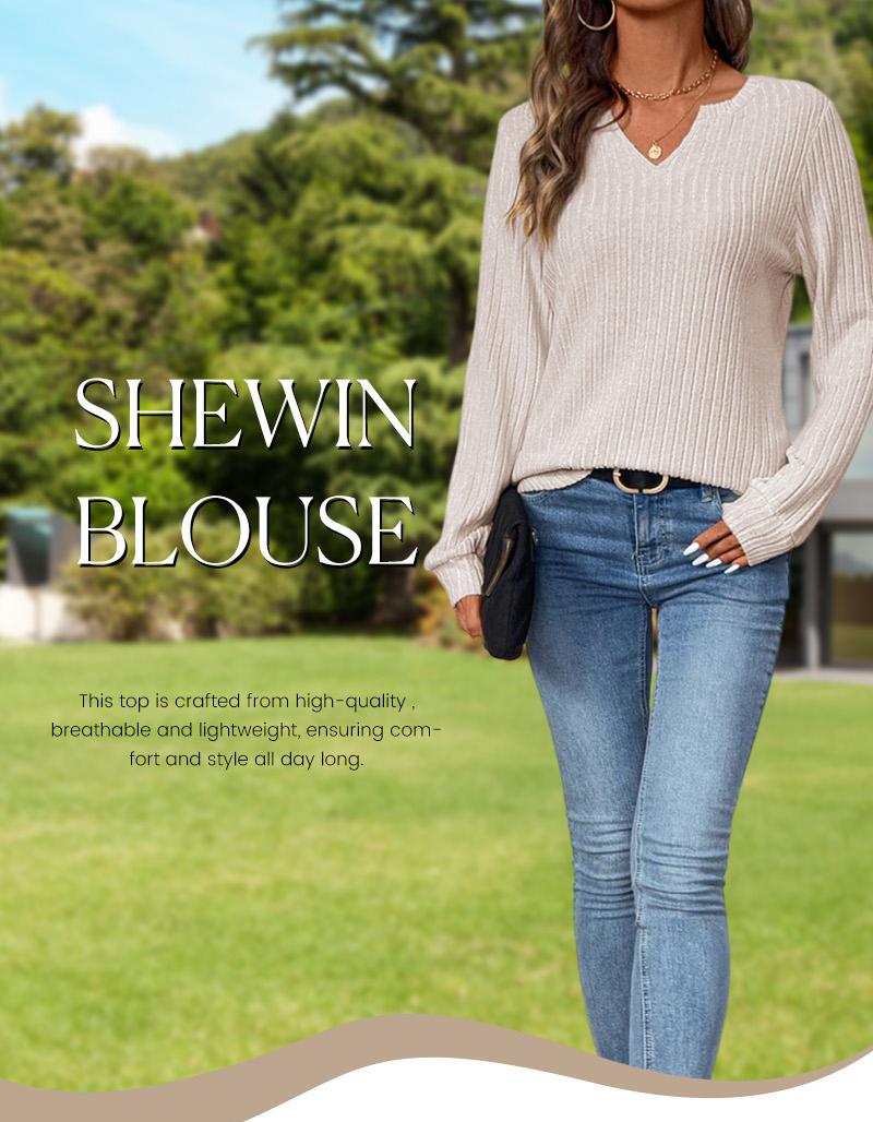 Shewin 2026 Spring Cozy Soft Ribbed Knit Striped Blouse Women's V-Neck Long Sleeve Pullover Top Comfy for Work & Casual Daily Looks in Viscose & Polyester Blend