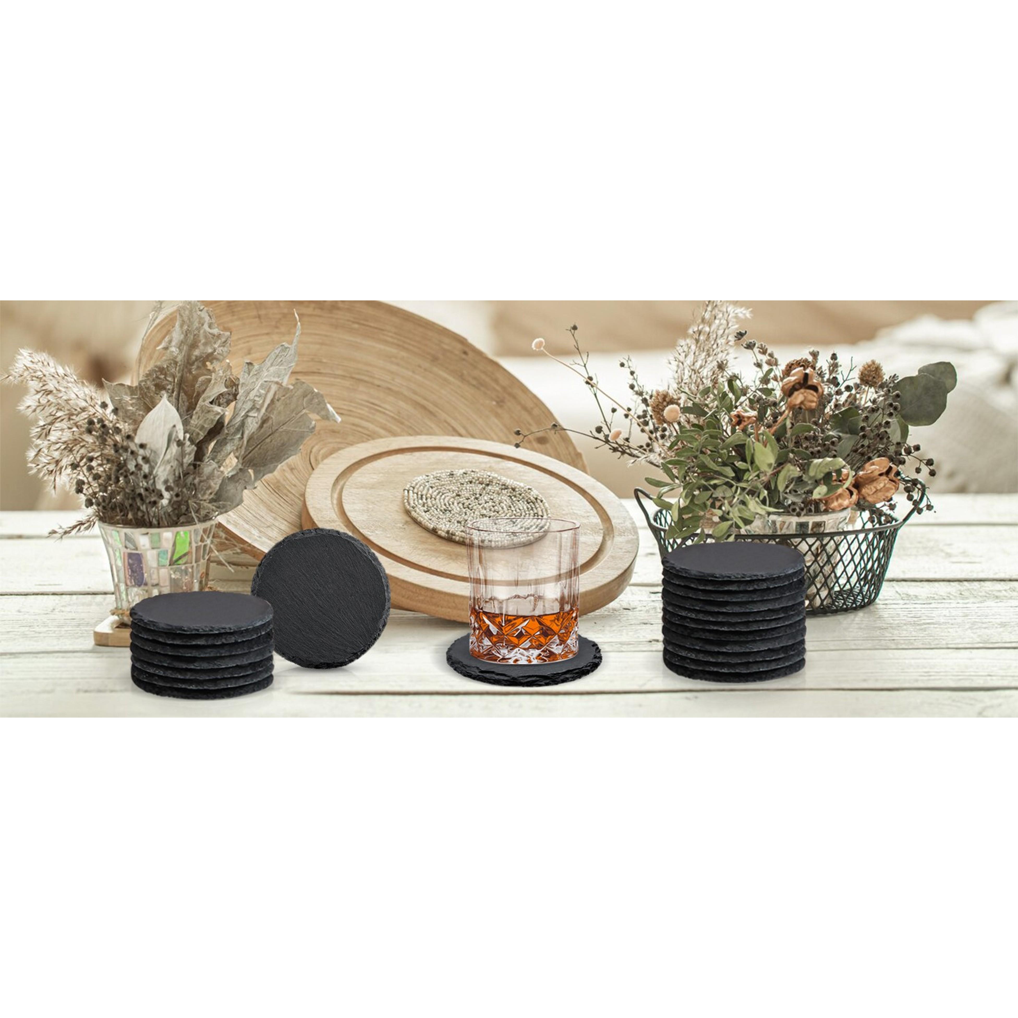 4 PCS Round Slate Drink Coasters Set, 4 Inch Laser Engraving Black Slate Stone Coasters with Anti-Scratch Bottom and Coaster Holder for Office Bar Kitchen Home Dinner Table Decor Supplies