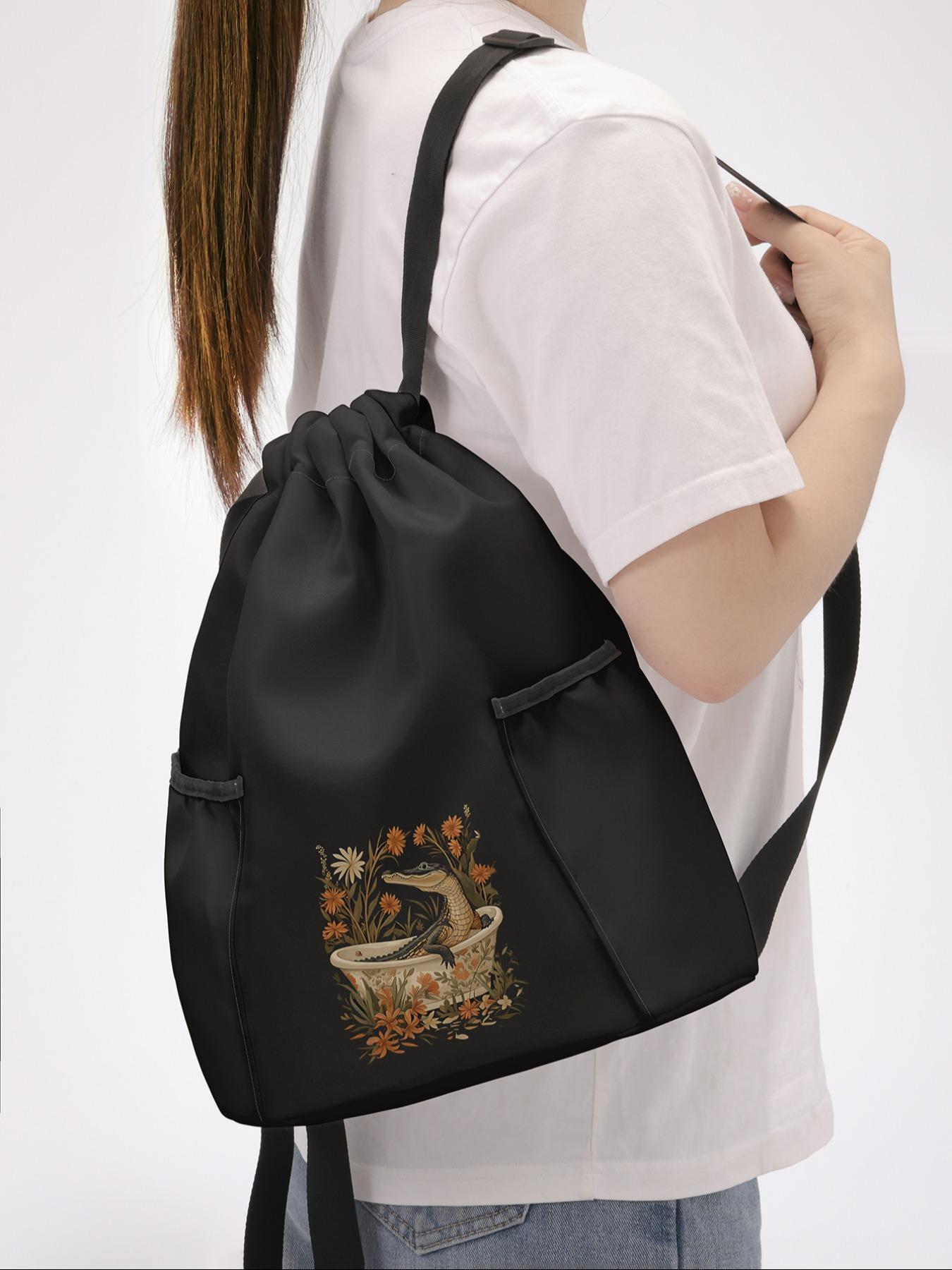 Crocodile Pattern Drawstring Backpack, Large Capacity Durable Gym Bag, Adjustable Straps, Sporty Beach Bag for Men & Women, Casual Sports Bag