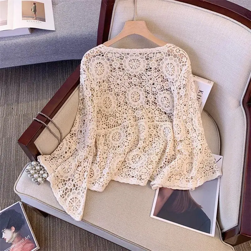Crochet Top with Bell Sleeve Hollow out Open-knit Floral Lace Blouse Women Spring Summer Beach Cover-up Festival Boho Chic