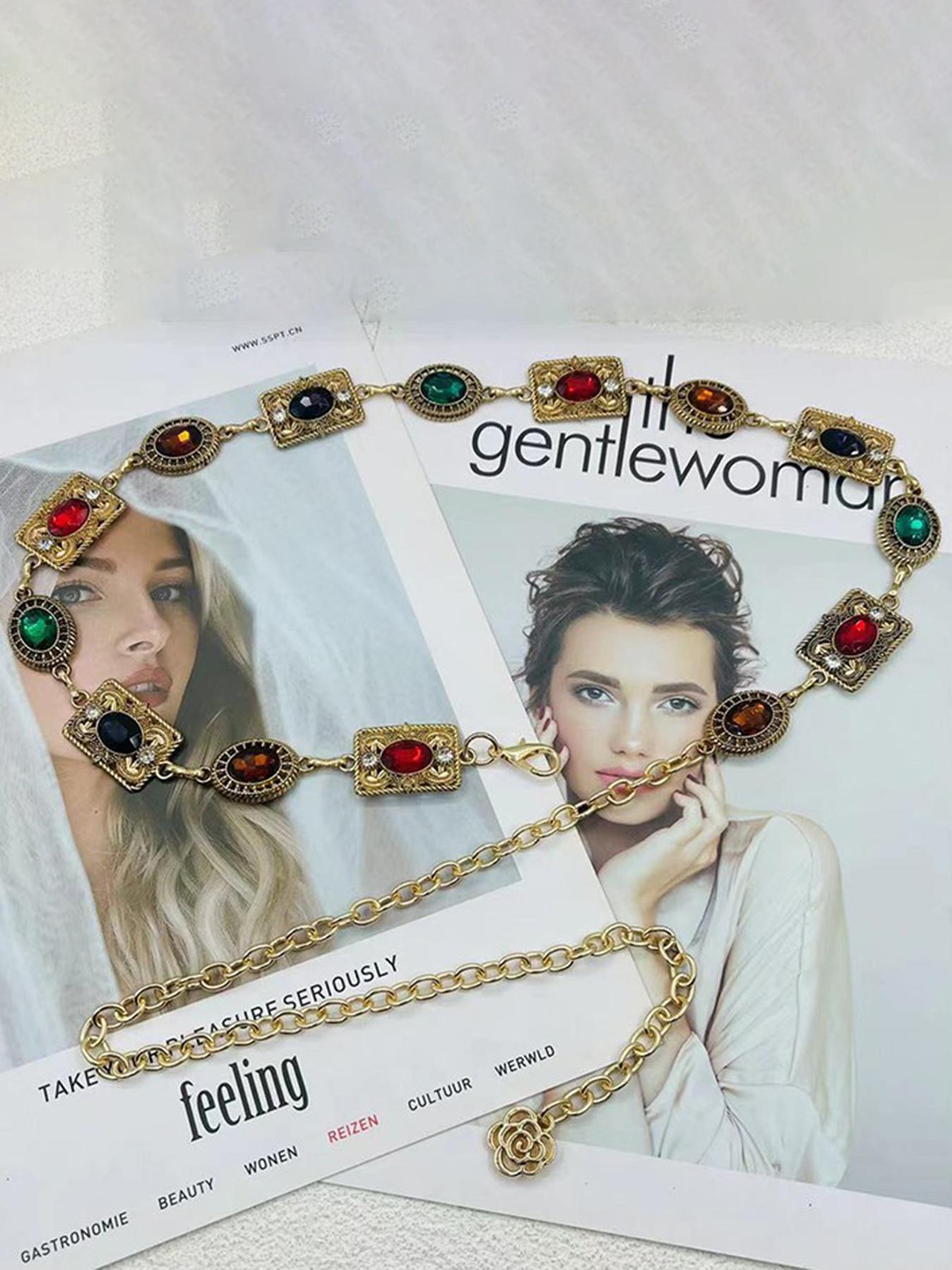 Vintage Metal Floral Waist Chain for Women, Rhinestone Decorated Belt Chain, Fashion Accessory for Dresses, Versatile Waist Chain