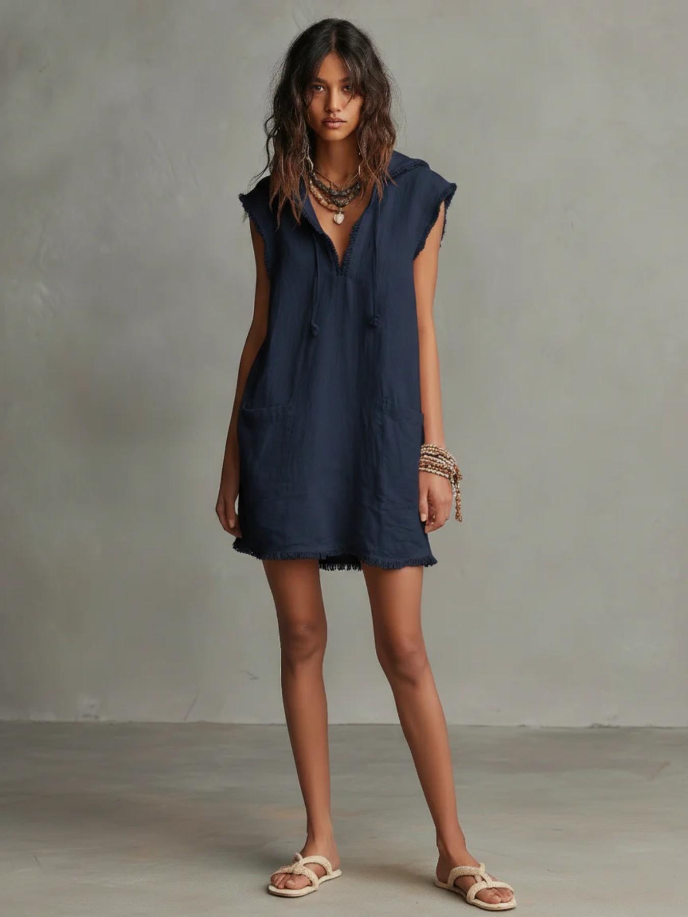 Minimalist Lightweight Linen Blend Sleeveless Dress with Hat, Summer V-Neck Frayed Edge Short Mini Dress, Women's Vacation