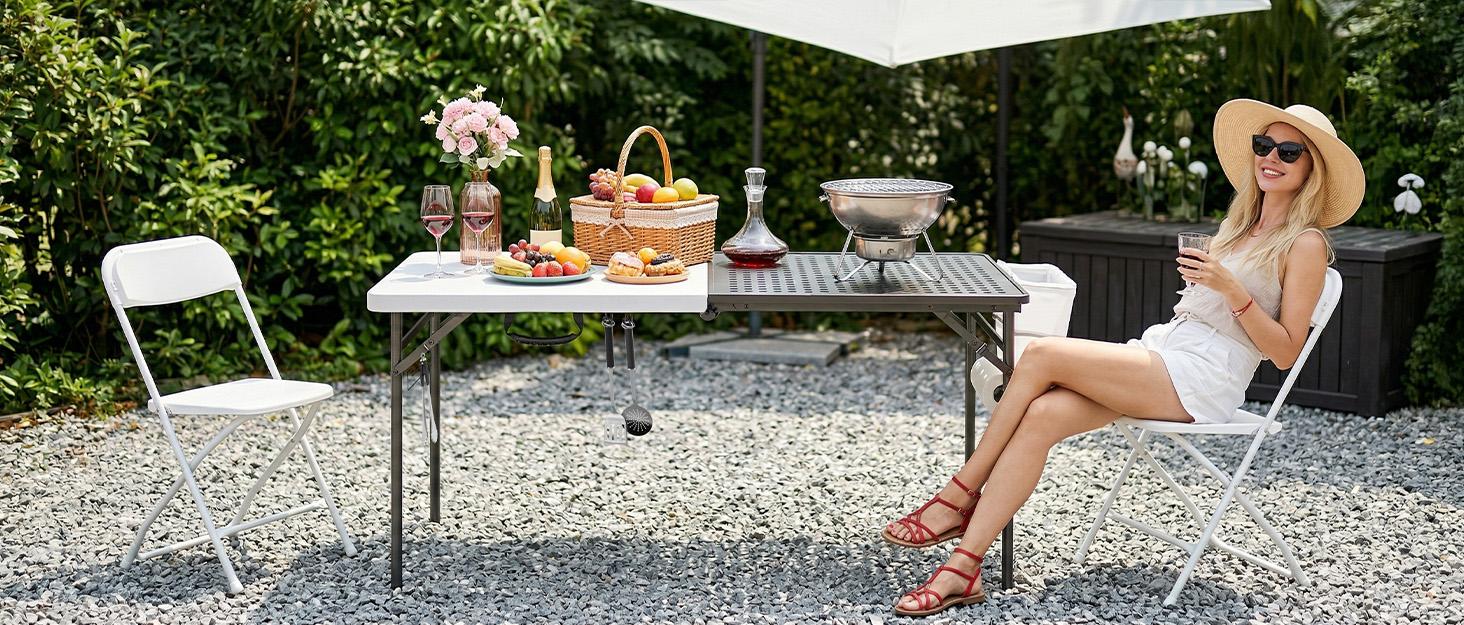 5ft Folding Table for Picnic Camping, Portable Outdoor Table with Metal Grid Grilling Surface, Heavy Duty Foldable Table for Cook Prep,Suitable for Camping, Backyard, Patio and Beach