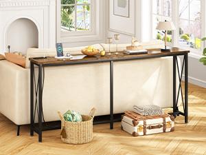 SUPERJARE 70 Inch Console Table with 2 Outlet and 2 USB Ports, Extra Long Entryway Table with Metal Frame and X-Shaped Design, Narrow Sofa Table for Living Room and Hallway Furniture Storage