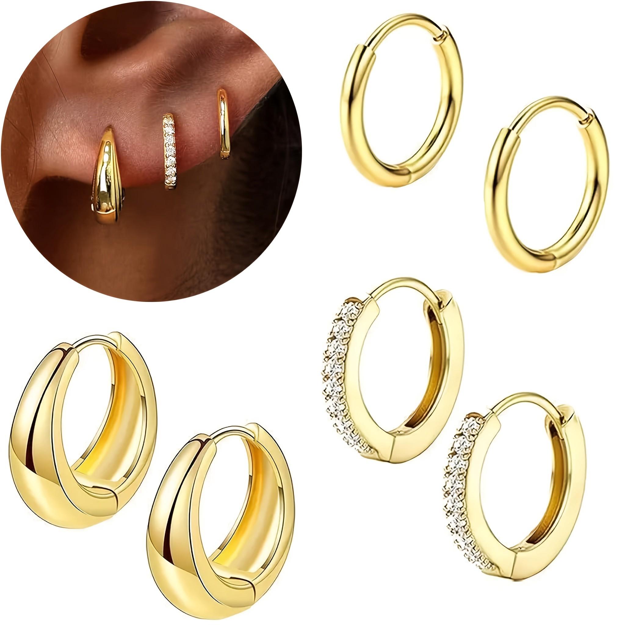 3 Pairs Gold Huggie Hoop Earrings Set - Hypoallergenic Chunky & CZ Sparkle Small Hoops for Ear Stacking, Clean Girl Everyday for Women