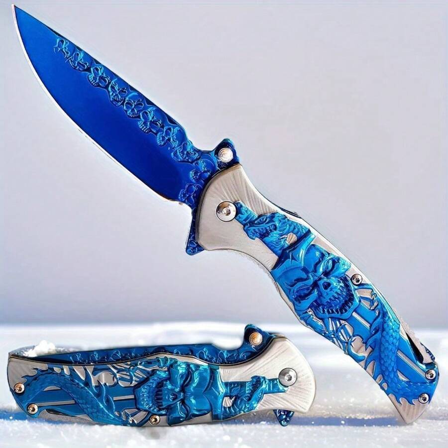 Pocket Knife, Cool Pocket Folding Knife With 3D TITANIUM-PLATED SKULL Patterns, Great Christmas Gift EDC Knife For Men Outdoor  Camping