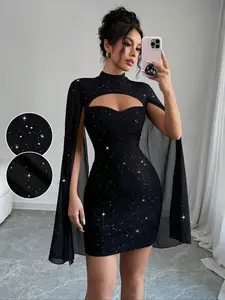 Sexy Mini Bodycon Dress, Sheer Mesh Shawl Design, Cape Sleeves & Sparkling Sequins, Trendy Party Wear for Women