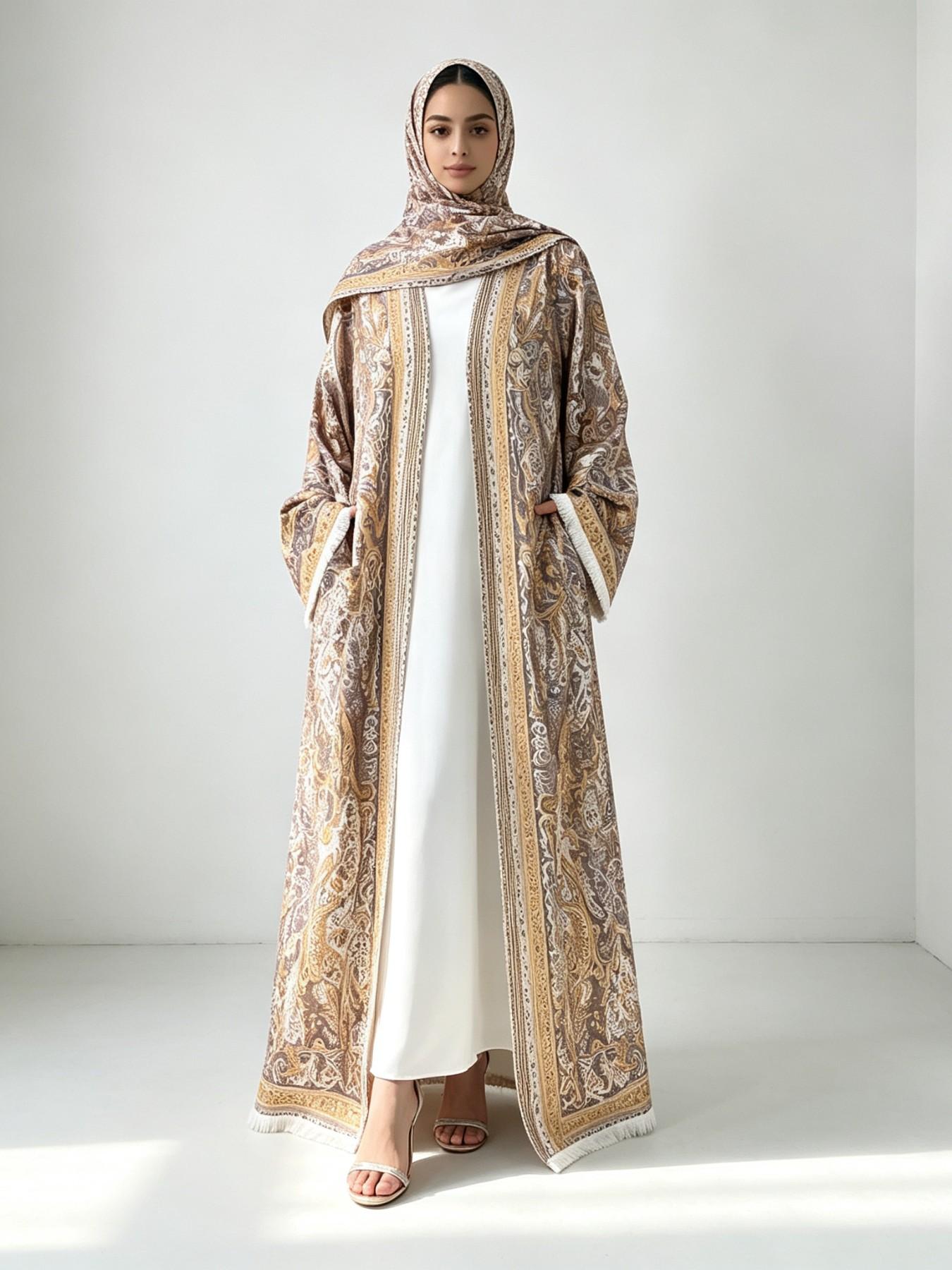 [ Includes Hijab]  Printed Abaya Set, Polyester Fabric, Wrinkle-Resistant, Wide Sleeves with Fringe, Available in 5 Sizes#PashminaAbaya #PolyesterAbaya #PrintedAbaya #TwoPieceAbaya #HijabFashion