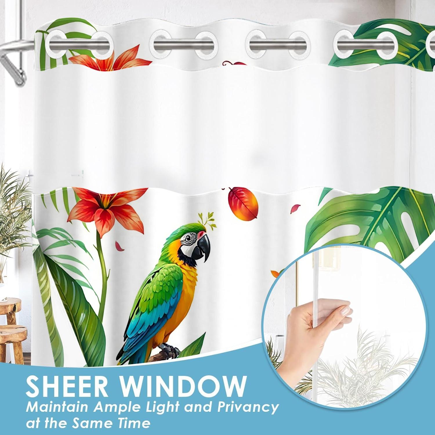 1PC double-layer large ring shower curtain, four parrots inhabit tropical plants, shower curtain, high-end quick drying hanging curtain, bathroom, curtain, waterproof, mildew proof curtain