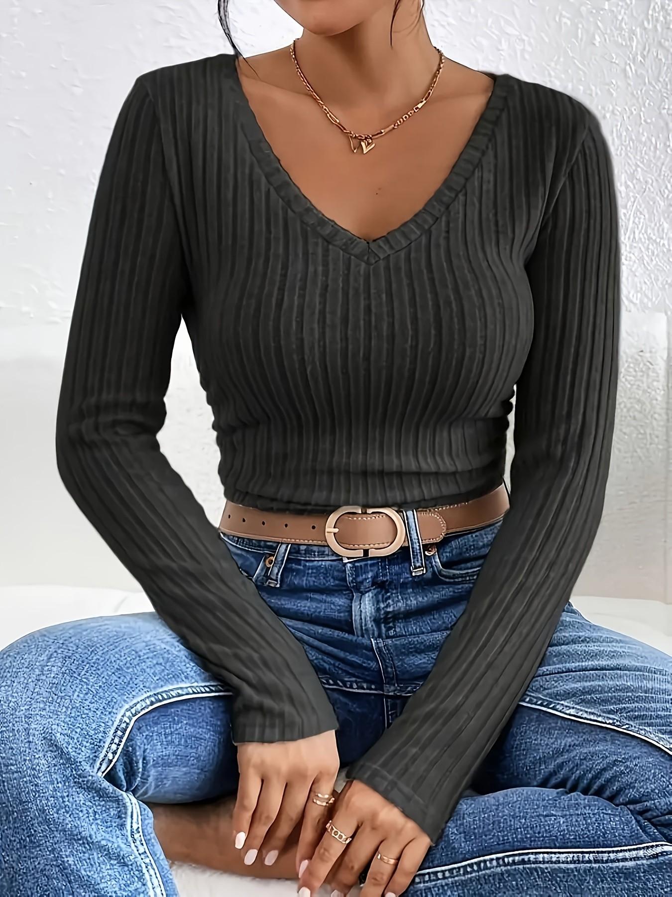 New Women's Fall Winter Solid V-Neck Long Sleeve T-Shirt Set of Three, Stylish, Casual and Comfortable for Daily Wear
