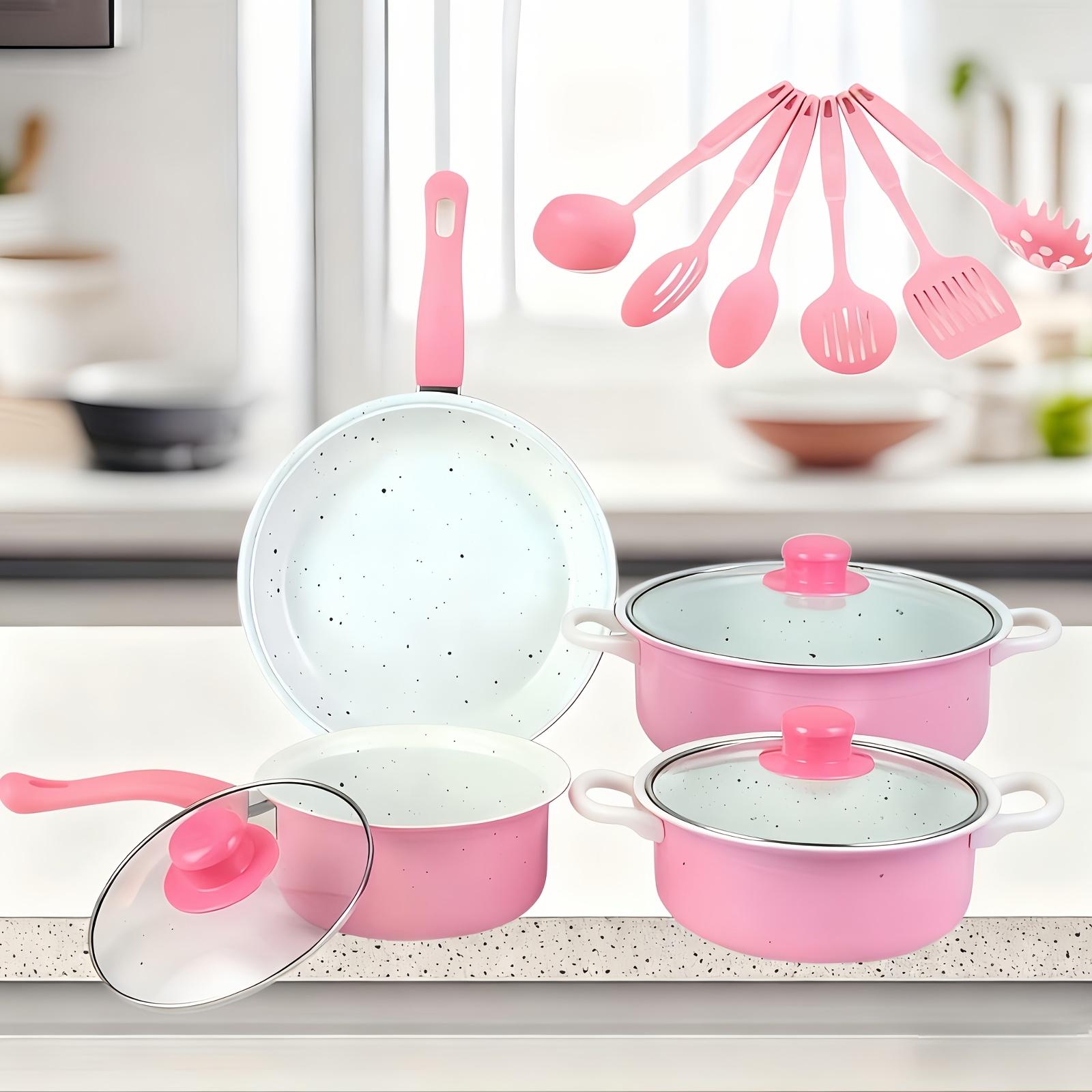 13-Piece Basilite Cookware Set - Durable Cast Iron Cookware with Glass Cover and Tools, Pink/Black, Stylish Kitchen Decor, Easy to Clean, Compatible with Multiple Stoves, Cooking Set