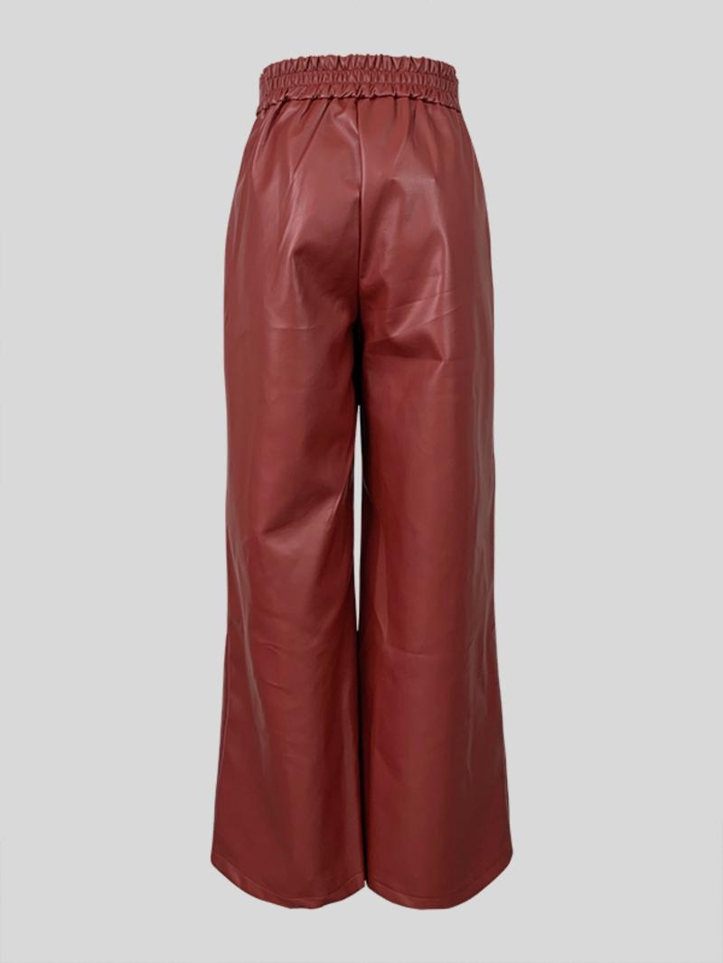 Women's Solid Color Pocket High Waist Wide Leg PU Leather Pants, Fashion Casual Trousers for Daily Outdoor Wear, Ladies Bottoms for All Seasons