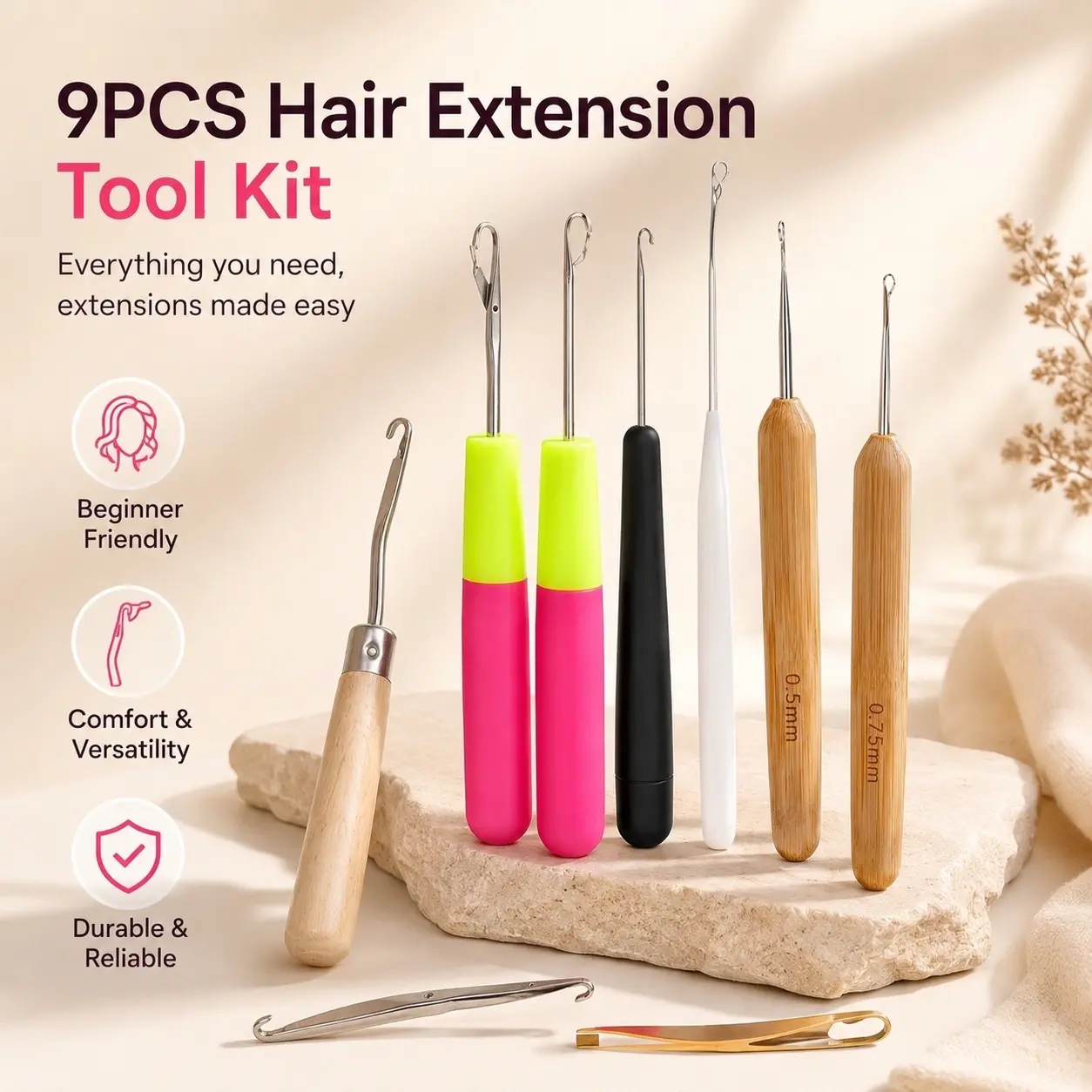 9/3-Piece Locking Tools Set Pack, Includes 5 Latch Hook Crochet Needles, 2 Dreadlocks Crochet Hooks & 2 Locking Hair Extensions Tools for Locs, Sisterlocks, Easyloc Haircare (Heatless-YY2, Sohochic)