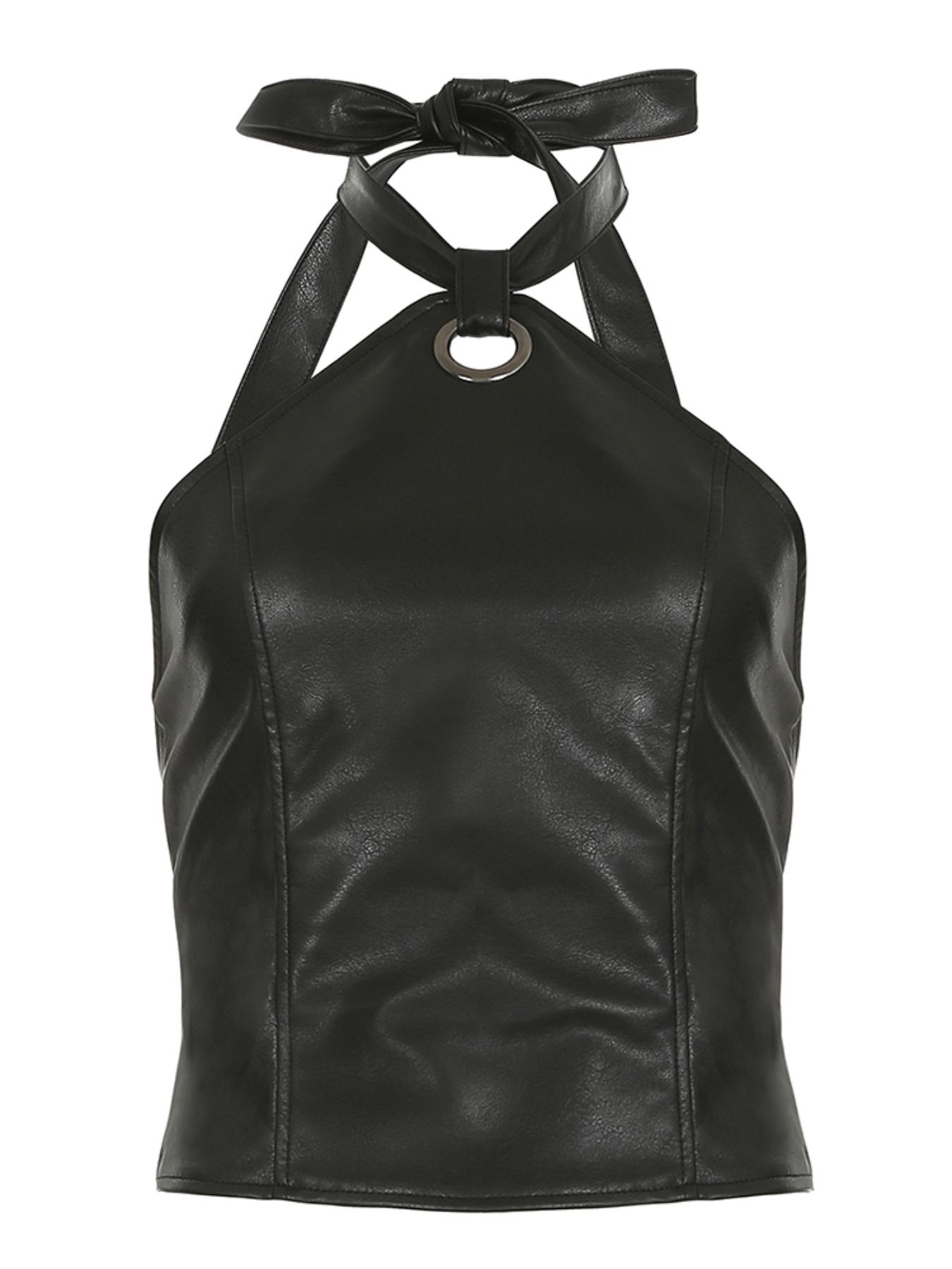 Women's Solid Lace Up Backless Halter Top, Fashion Casual PU Leather Top for Daily Outdoor Wear, Ladies Clothes for Summer