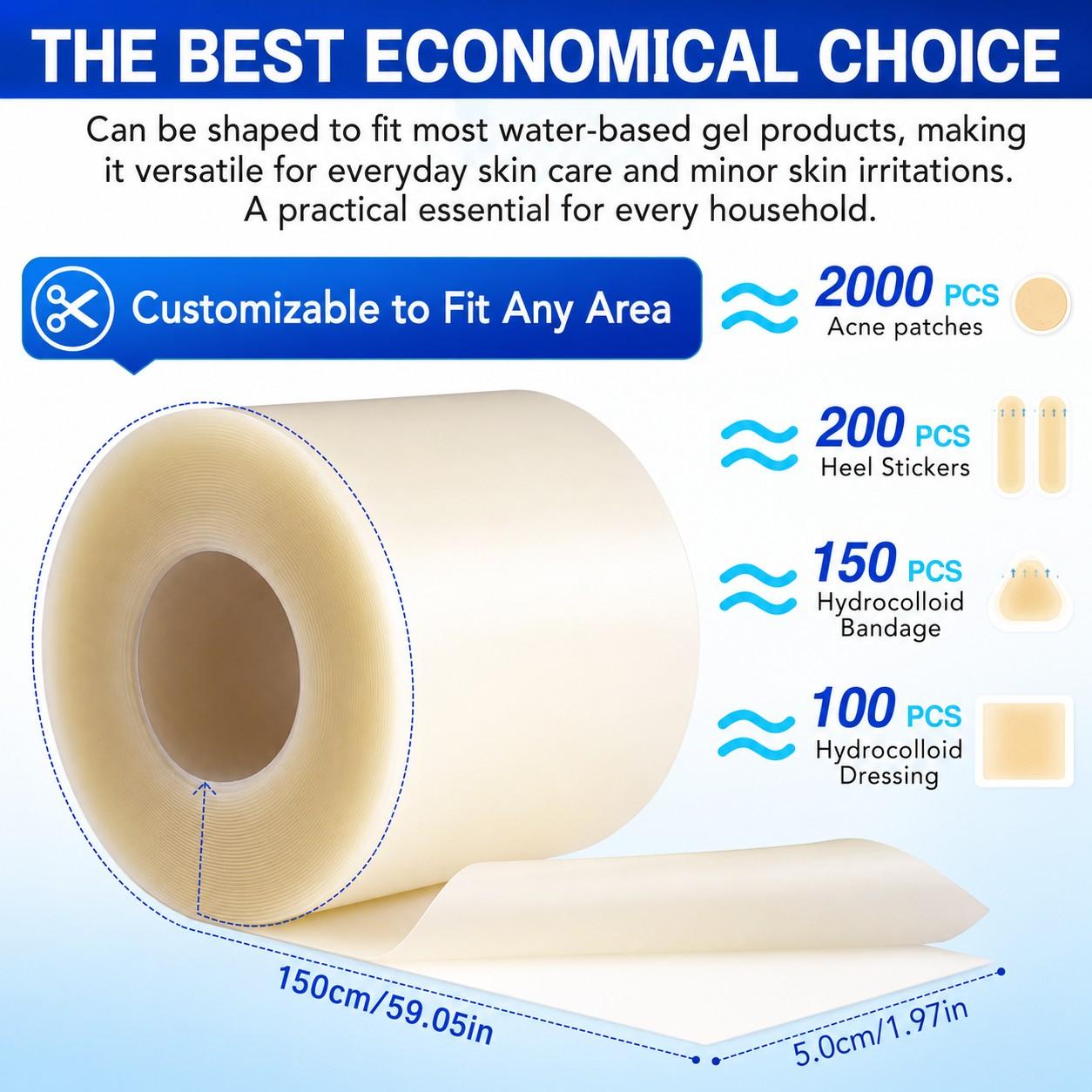 Khazix Hydrogel Bandage Roll 2in X 5ft, Cut-To-Fit Wound Dressing, Breathable Skin Cover, Hydrocolloid Bandage for Healing, Bandages For Wounds