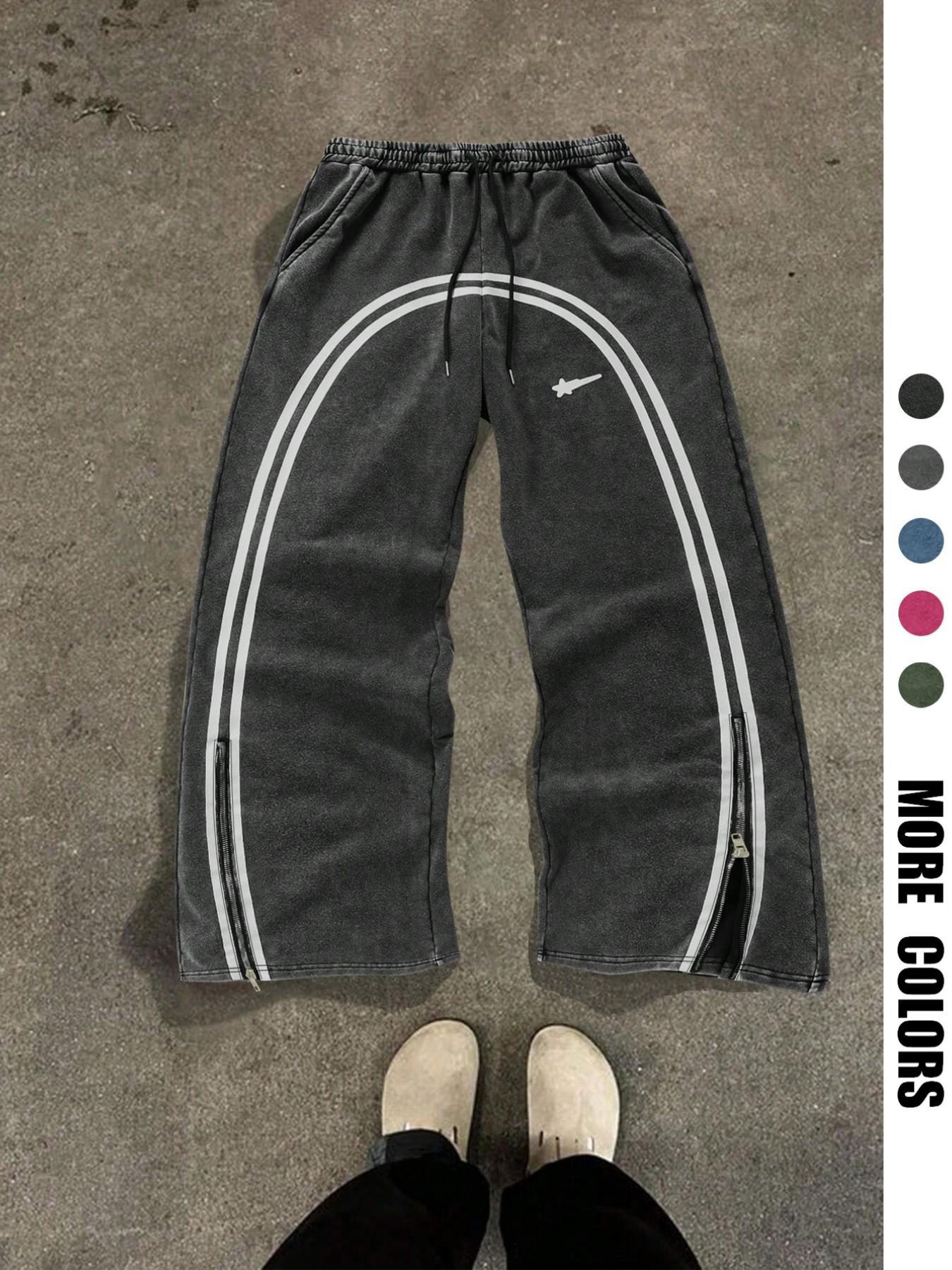 Men's Star & Striped Print Washed Distressed Drawstring Waist Sports Sweatpants, Regular Fit Casual Comfy Fashion Pocket & Zipper Design Pants for Fall & Winter, Sports Bottoms, Casual Athletic Pants, Athleisure Style Bottoms
